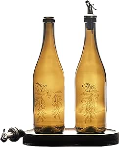 GOSOYO 750ml/25oz Set of 2 Glass Olive Oil Dispenser Set with Wooden Tray, Vinegar, Oil Dispencer, Oil Bottles for Kitchen, Pomegranate Syrup Dispencer, Vinegar Bottles Set