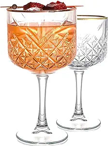 The Buybox Extra Large Glass Gold Rimmed Goblet, Vintage Coupe Glasses, Big Wine Glasses. Cocktail, Champagne, Margarita, Long Stem Glassware (16.9oz/500ml) (Queen Gold Set of 2)