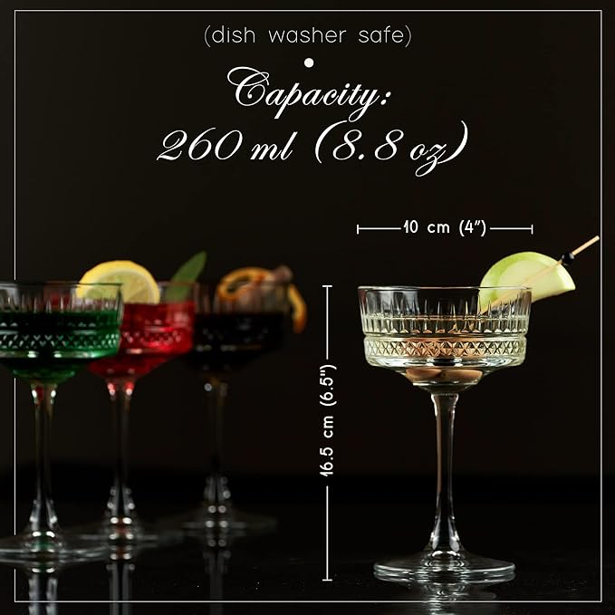 Elise Vintage Coupe Glasses Champagne, Cocktail, Martini, Wine Glasses, Long Stem Glassware, (8.8oz/260ml)