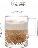 Vintage Glass Coffee Cups, Coffee Latte Glasses, Glass Clear Coffee Mugs with Handles, Tea and Cappuccino Cup Set, Beer Glasses/Stein, Ribbed Glassware (2Pcs (8.4oz))