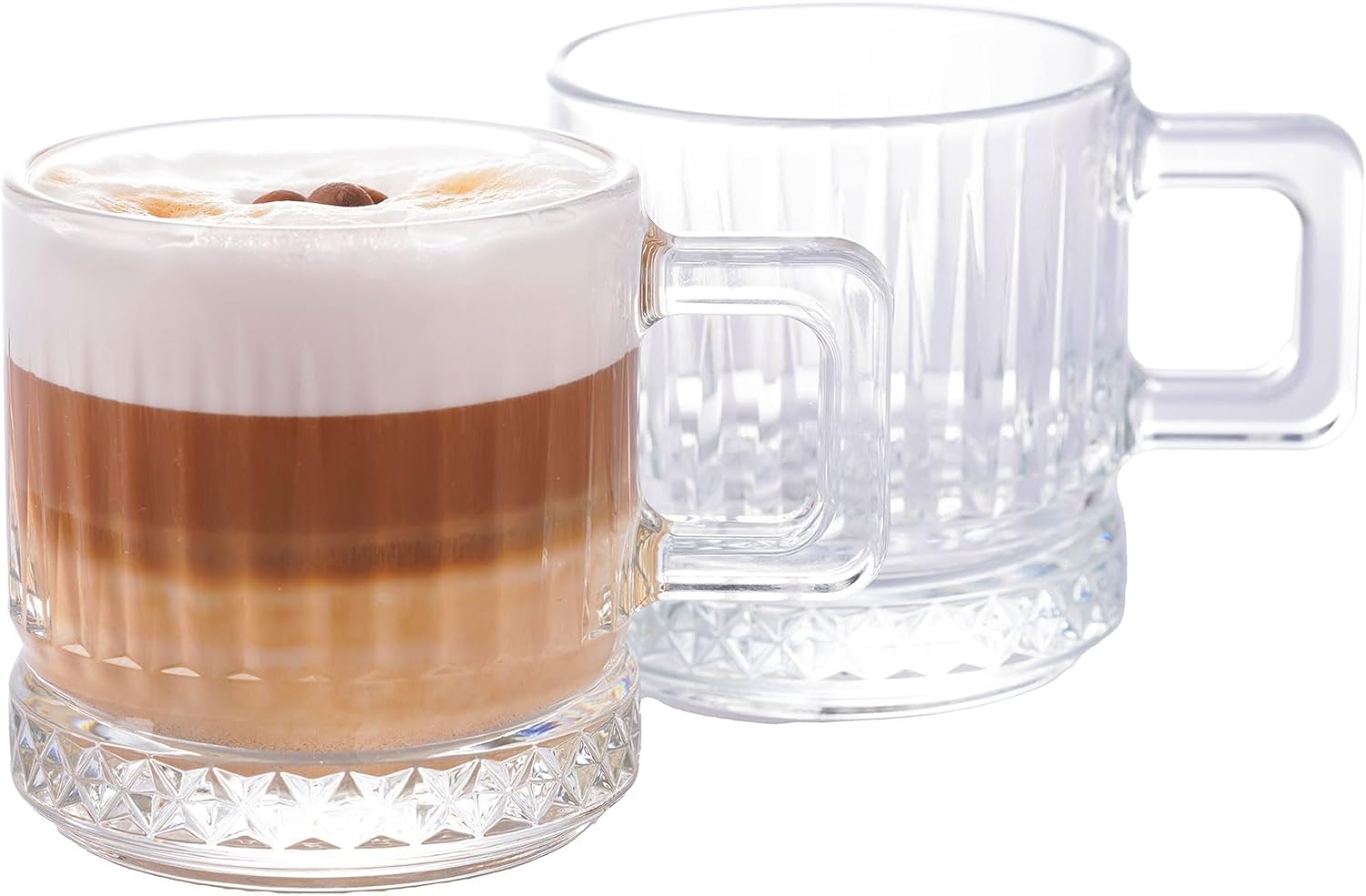 Glass Coffee Cups, Coffee Latte Glasses, Glass Clear Coffee Mugs with Handles, Tea and Cappuccino Cup Set, Ribbed Glassware (2 Pcs (6.5oz))