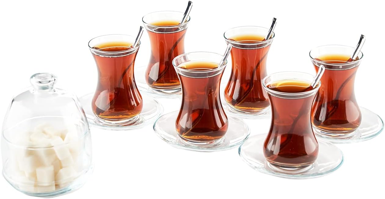 The Buybox 19 Pieces Traditional Turkish Tea Set Includes; 6 Glasses tea cups (4.5 oz), 6 Saucers, 6 Stainless Steel Spoons and Sugar Bowl with Glass Cover (8.6 oz)