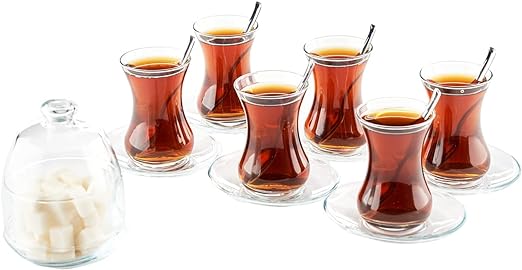 The Buybox 19 Pieces Traditional Turkish Tea Set Includes; 6 Glasses tea cups (4.5 oz), 6 Saucers, 6 Stainless Steel Spoons and Sugar Bowl with Glass Cover (8.6 oz)