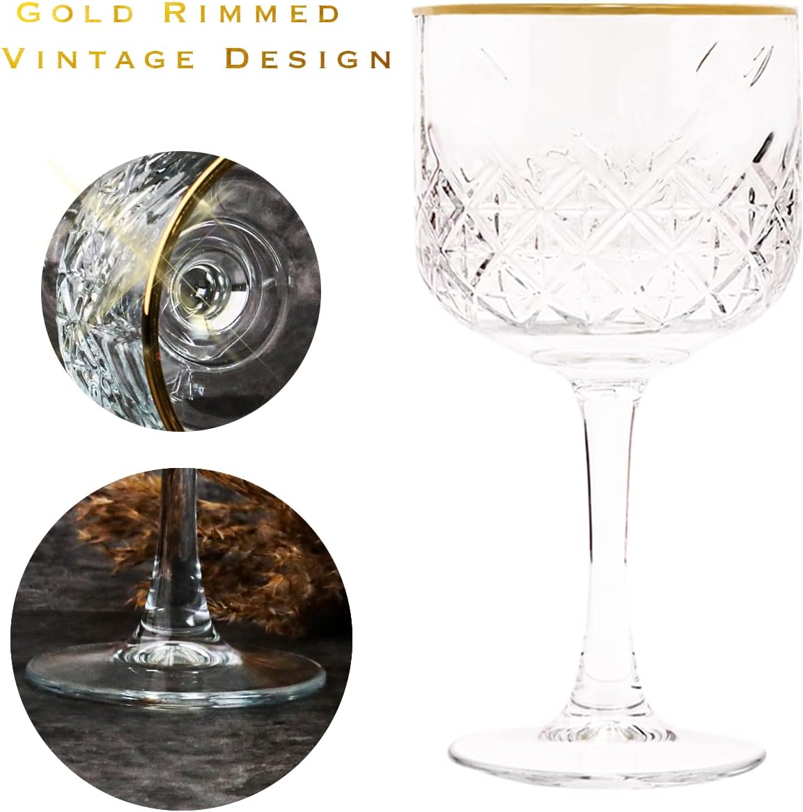 The Buybox Extra Large Glass Gold Rimmed Goblet, Vintage Coupe Glasses, Big Wine Glasses. Cocktail, Champagne, Margarita, Long Stem Glassware (16.9oz/500ml) (Queen Gold Set of 2)