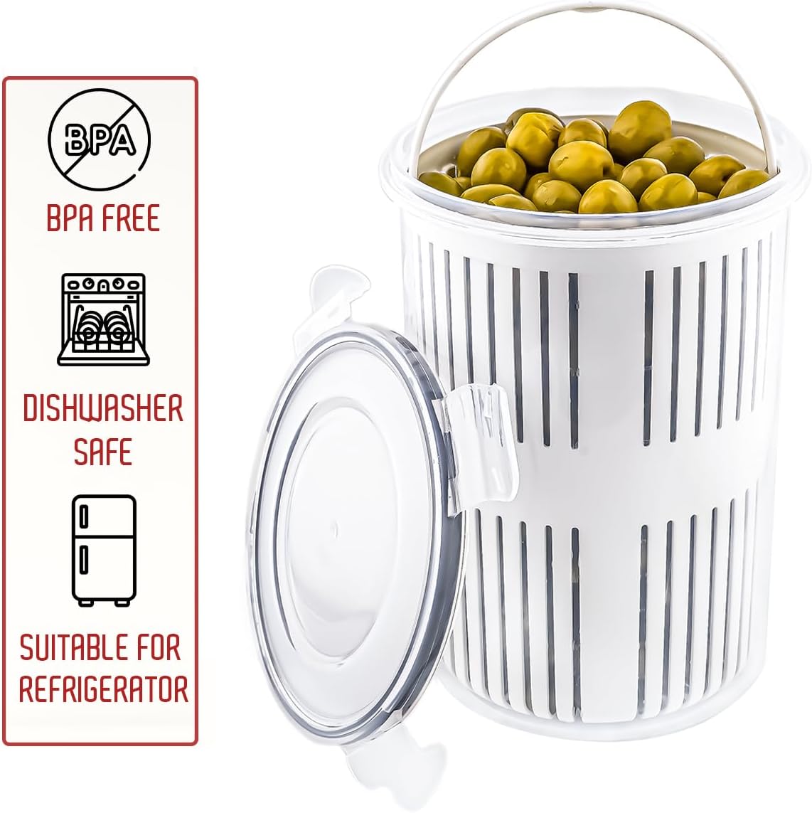 GOSOYO Pickle Container with Strainer, Jalapeno/Olive/Pickle Holder, Large Flip Jar with Leak Proof And Lock It Lid (1,5Lt/50oz).