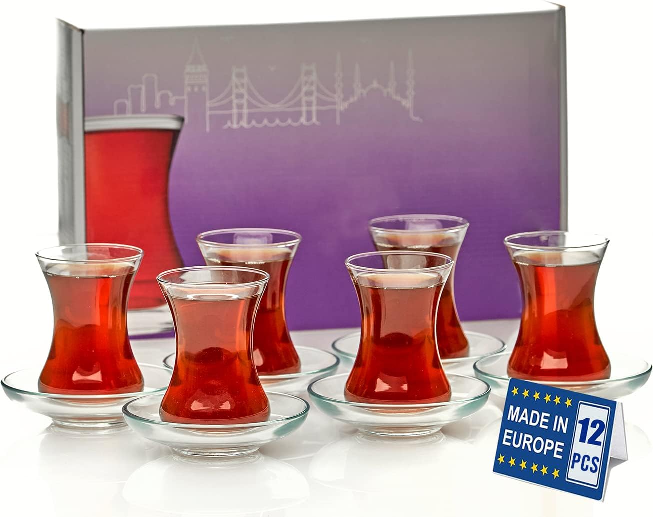 GOSOYO Turkish Tea Glasses and Saucers Set (12 Pieces), Arabic Persian Tea Cups (4oz/120ml)