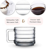 GOSOYO Stackable Glass Coffee Mugs Set of 4 (250cc/8.5oz). Fully Tempered Tea and Latte Glasses, Ribbed Glasses, Cappuccino Cups, Coffee Glasses, Glass Mugs for Hot Drinks with Handles