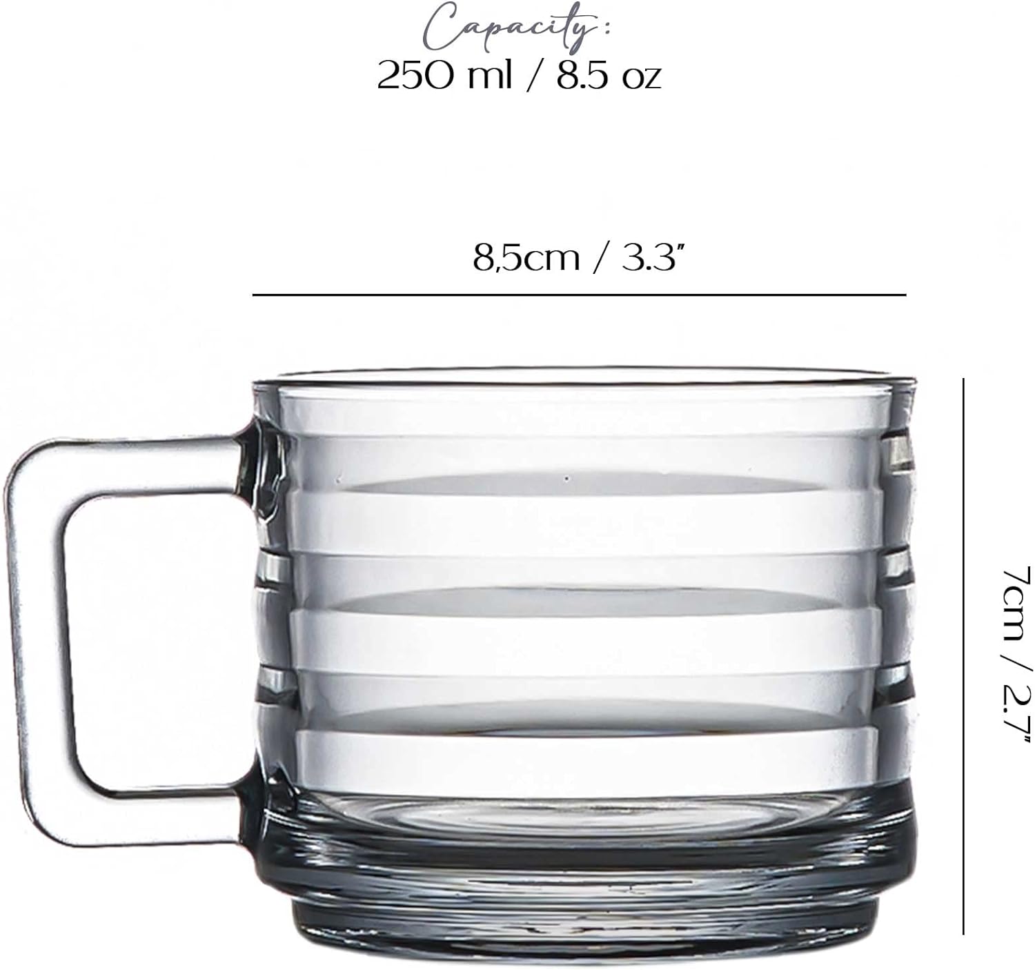 GOSOYO Stackable Glass Coffee Mugs Set of 4 (250cc/8.5oz). Fully Tempered Tea and Latte Glasses, Ribbed Glasses, Cappuccino Cups, Coffee Glasses, Glass Mugs for Hot Drinks with Handles