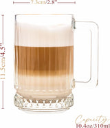 Glass Coffee Cups, Coffee Latte Glasses, Glass Clear Coffee Mugs with Handles, Tea and Cappuccino Cup Set, Beer Glasses/Stein, Ribbed Glassware (2 Pcs (10.4oz))