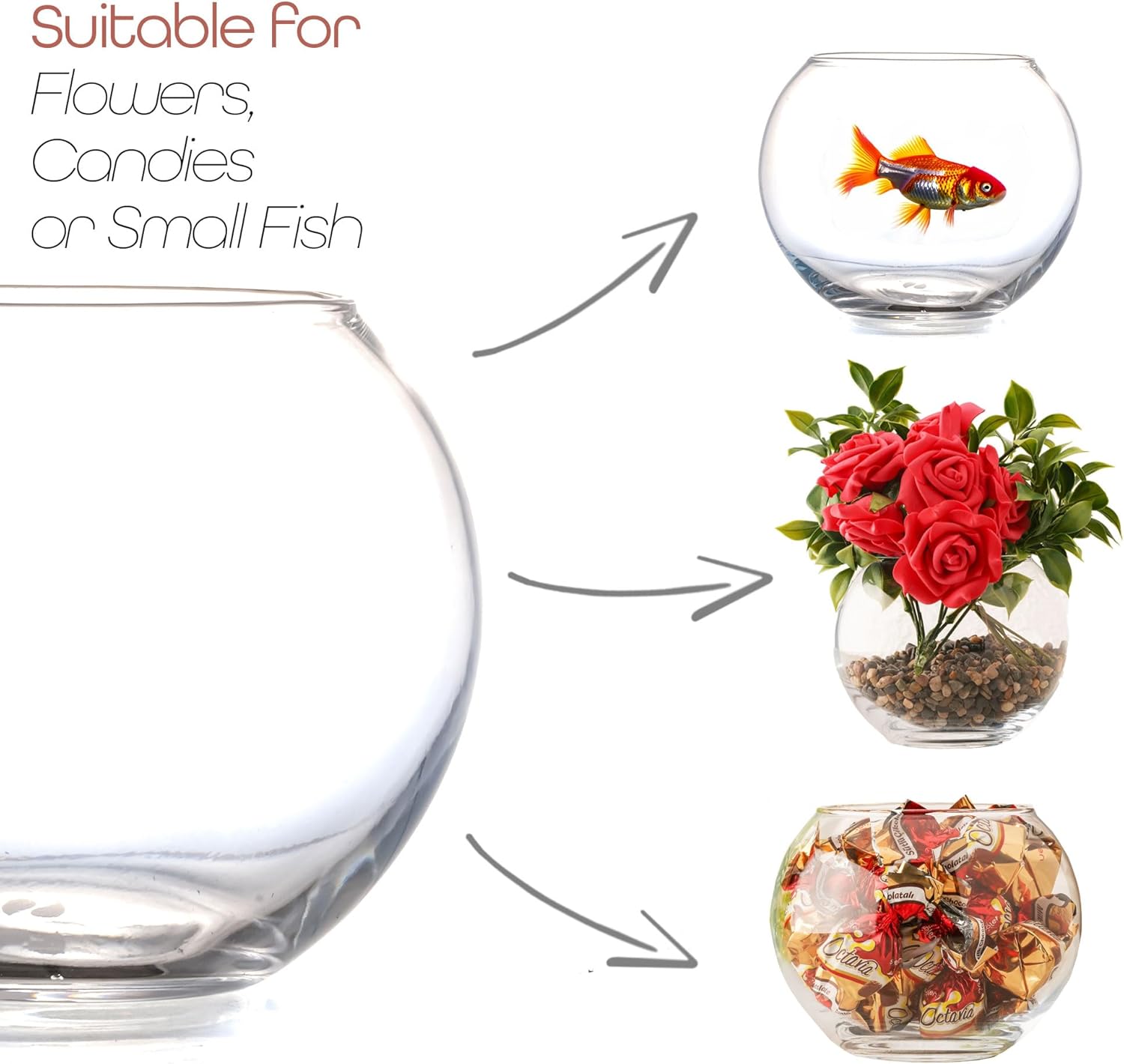 Glass Fish Bowl, Decorative Glass Bowl, Round Vase for Flowers and Decoration, Terrarium Bowl, Sphere Vase (11.5cmX14,5cm)