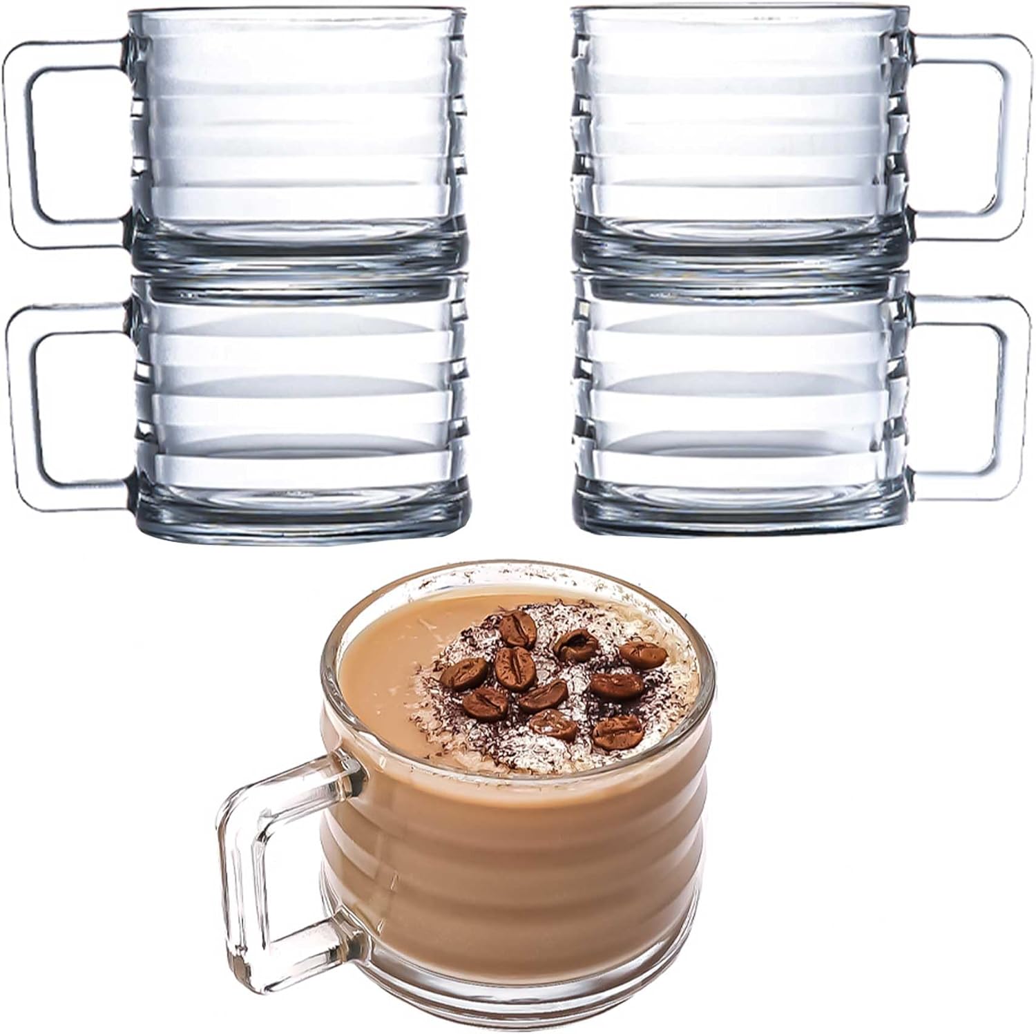 GOSOYO Stackable Glass Coffee Mugs Set of 4 (250cc/8.5oz). Fully Tempered Tea and Latte Glasses, Ribbed Glasses, Cappuccino Cups, Coffee Glasses, Glass Mugs for Hot Drinks with Handles