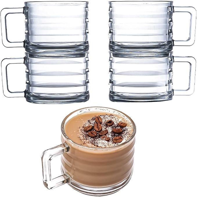 GOSOYO Stackable Glass Coffee Mugs Set of 4 (250cc/8.5oz). Fully Tempered Tea and Latte Glasses, Ribbed Glasses, Cappuccino Cups, Coffee Glasses, Glass Mugs for Hot Drinks with Handles