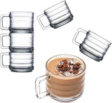 Stackable Coffee Cup Set, Fully Tempered Coffee Mug With Handle, Tea Cup Set, Cappuccino Cup, Ribbed Glassware, Vintage Glass Coffee Mugs, Turkish Coffee Cup Set (250cc/8.5oz) (Set of 6)