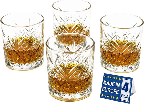 Set of 4 Vintage Whiskey Glasses for Scotch, Bourbon and Cocktail Glasses, Whiskey Gift Sets for Men (345ml/11.5oz)