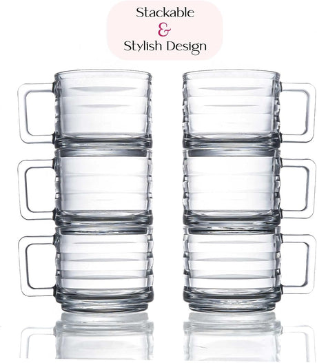 GOSOYO Stackable Glass Coffee Mugs Set of 4 (250cc/8.5oz). Fully Tempered Tea and Latte Glasses, Ribbed Glasses, Cappuccino Cups, Coffee Glasses, Glass Mugs for Hot Drinks with Handles