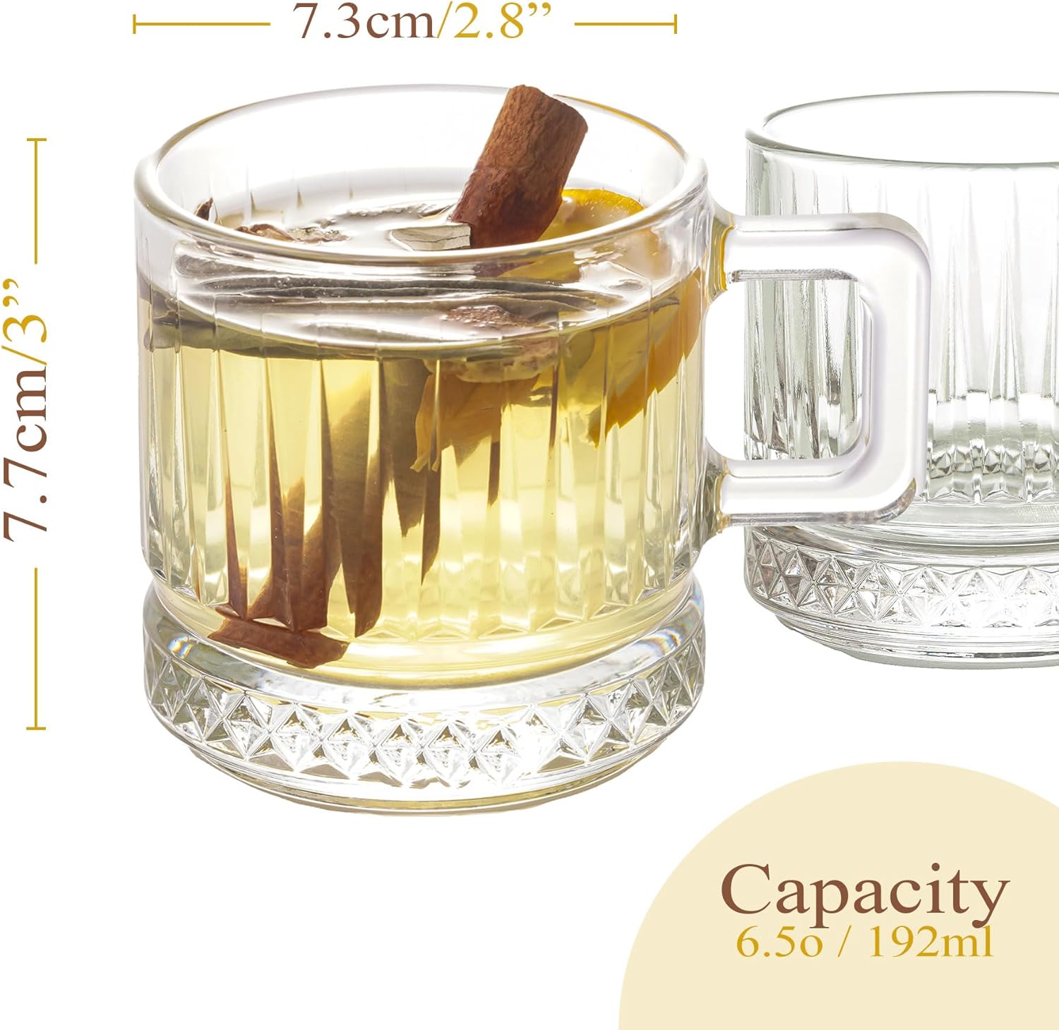 Glass Coffee Cups, Coffee Latte Glasses, Glass Clear Coffee Mugs with Handles, Tea and Cappuccino Cup Set, Ribbed Glassware (2 Pcs (6.5oz))