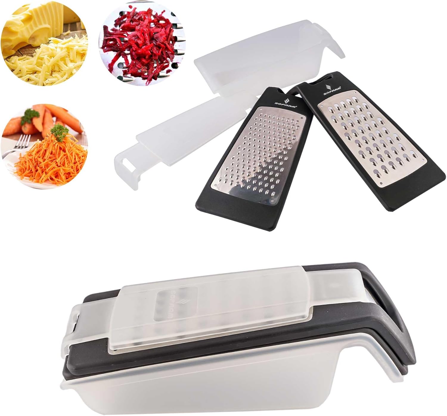 Cheese Grater with Container and Lid, Graters for Kitchen, Garlic Grater, Parmesan Cheese Grater, Vegetable Fruit Multi-Function Stainless Steel Kitchen Utensil Kit (Set of 4) (Black)