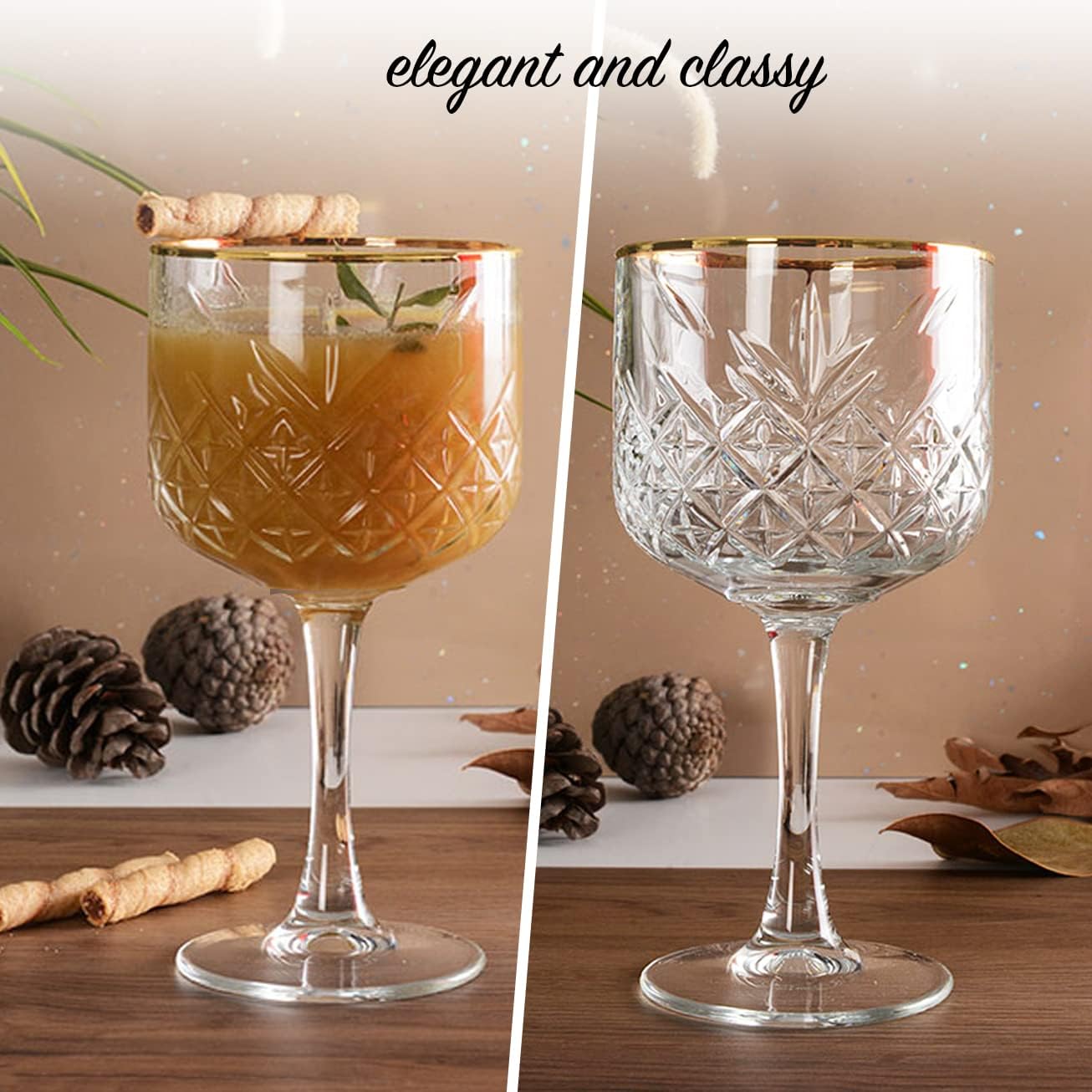 The Buybox Extra Large Glass Gold Rimmed Goblet, Vintage Coupe Glasses, Big Wine Glasses. Cocktail, Champagne, Margarita, Long Stem Glassware (16.9oz/500ml) (Queen Gold Set of 2)