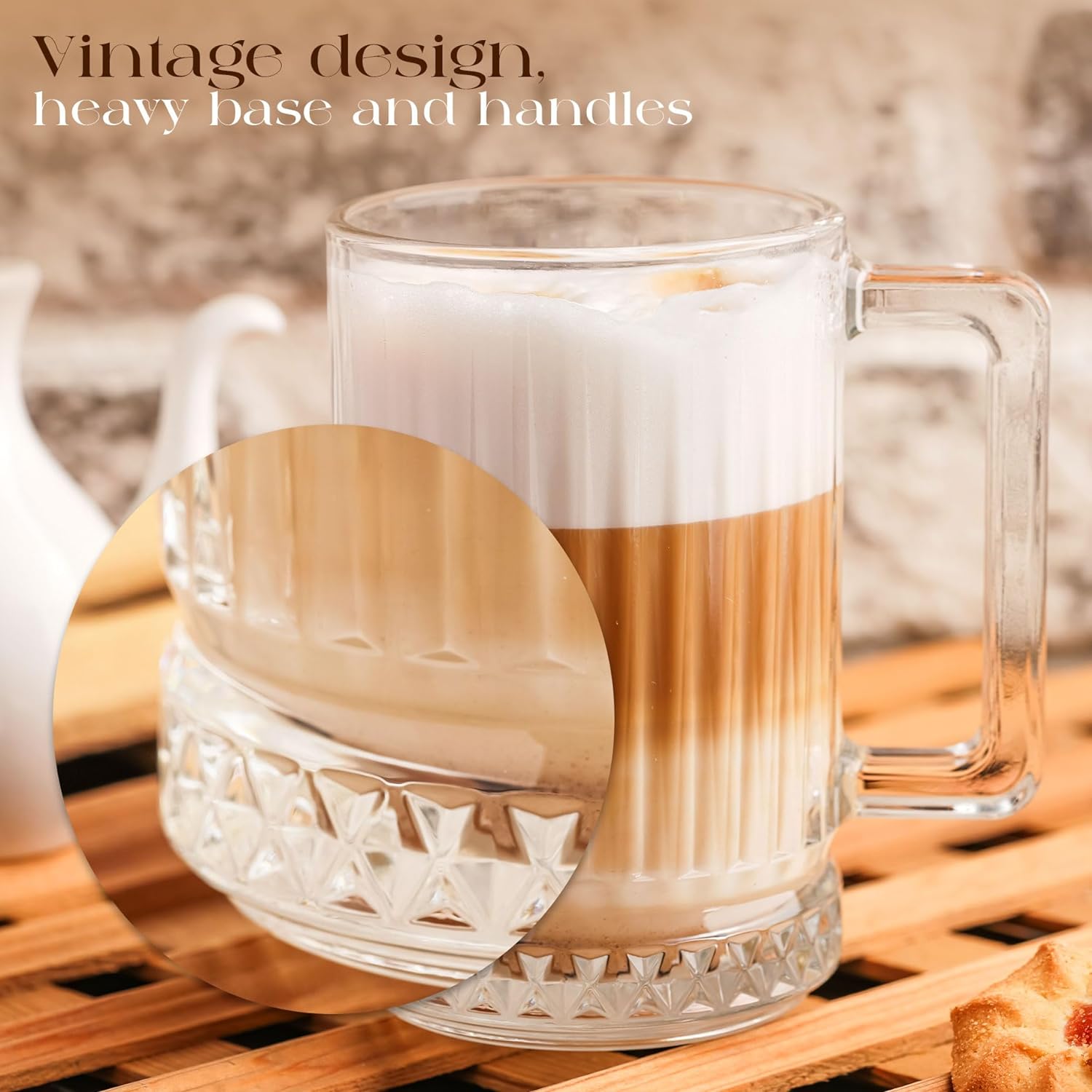 GOSOYO Glass Coffee Mugs Set of 2, Tea and Latte Glasses, Coffee Glasses, Cappuccino Cups, Ribbed Glasses, Glass Mugs for Hot Drinks with Handles (2 Pcs(310ml))