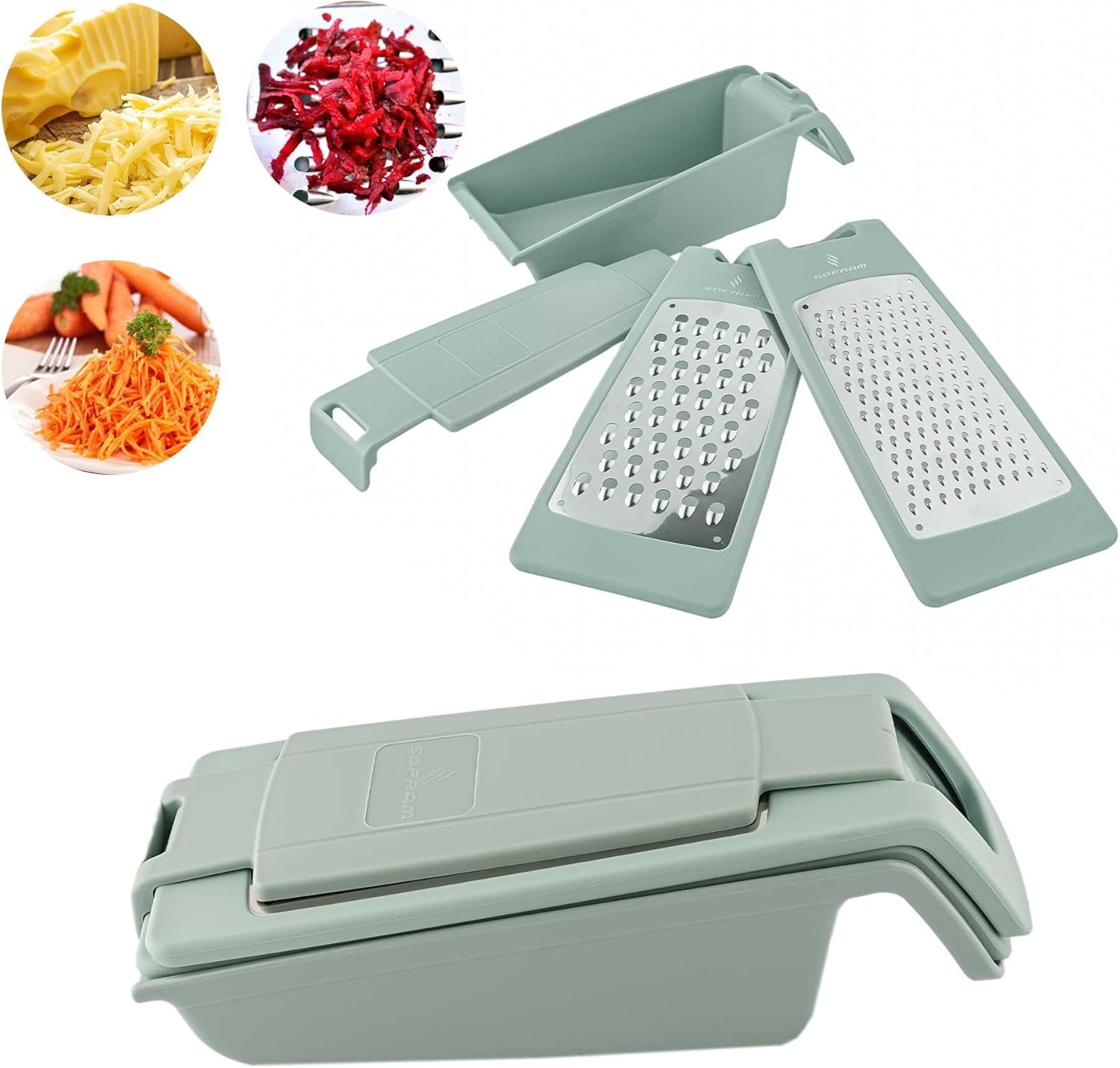 Cheese Grater with Container and Lid, Graters for Kitchen, Garlic Grater, Parmesan Cheese Grater, Vegetable Fruit Multi-Function Stainless Steel Kitchen Utensil Kit (Set of 4) (Green)