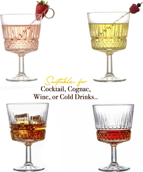 GOSOYO Vintage Coupe Glasses Set of 4 (8.8oz/260ml), Short Stem Cocktail Glasses, Cognac & Brandy Snifter Glasses, Crystal Port Glasses, Cordial, Sherry Glasses