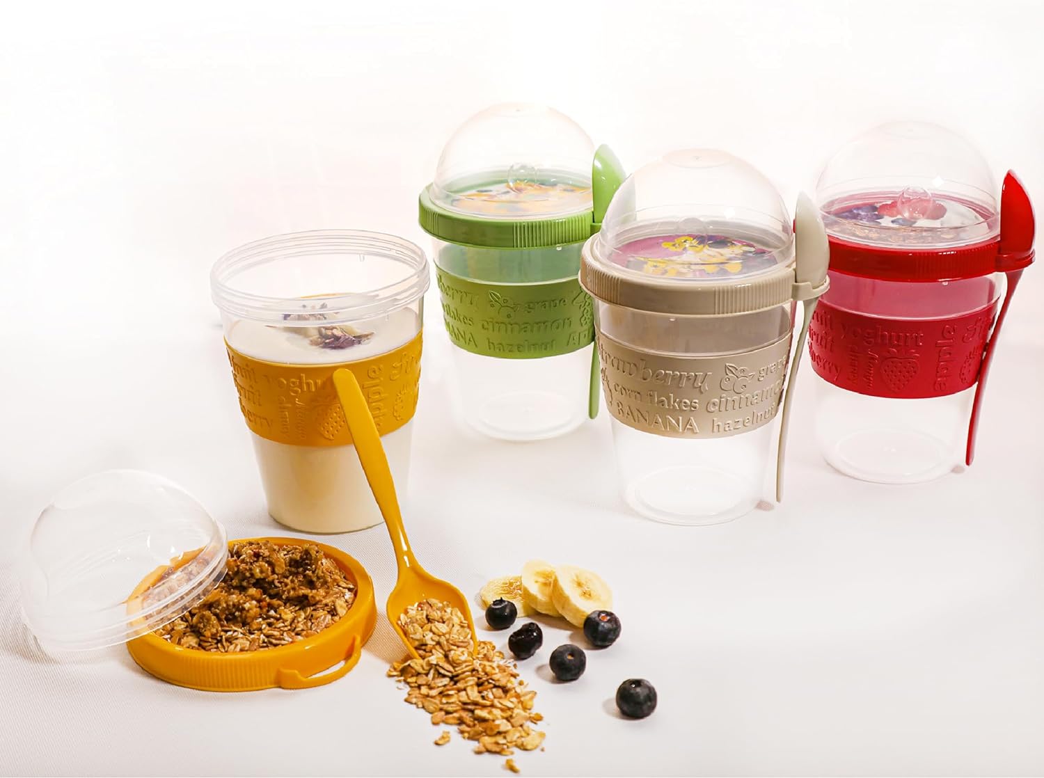 4 PCS Yogurt Parfait Cups with Lids, Reusable Yogurt Containers with Lids and Spoons, Take and Go Yogurt Cup with Topping Cereal or Oatmeal Container. Red+Yellow+Green+Grey Containers