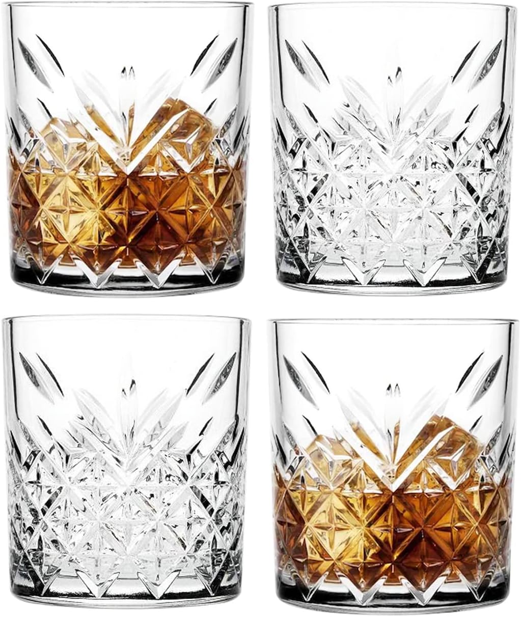 Set of 4 Vintage Whiskey Glasses for Scotch, Bourbon and Cocktail Glasses, Whiskey Gift Sets for Men (345ml/11.5oz)