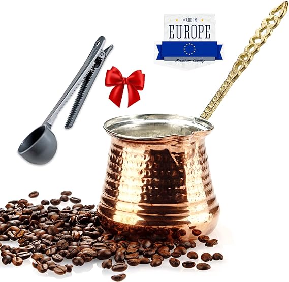 GOSOYO X-Large Turkish Copper Coffee Maker, Greek Arabic Coffee Pot, Stovetop Coffee Maker, Cezve, Ibrik, Briki (20oz/600ml). Coffee Scoop Clip Gift.