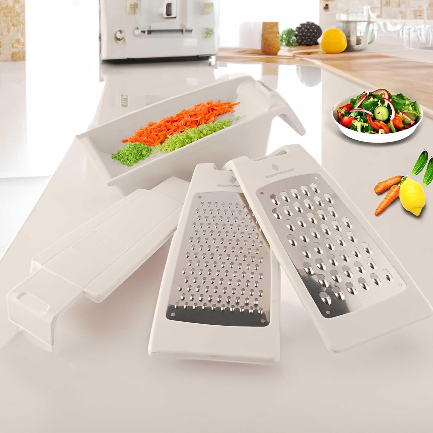 Cheese Grater with Container and Lid, Graters for Kitchen, Garlic Grater, Parmesan Cheese Grater, Vegetable Fruit Multi-Function Stainless Steel Kitchen Utensil Kit (Set of 4) (White)