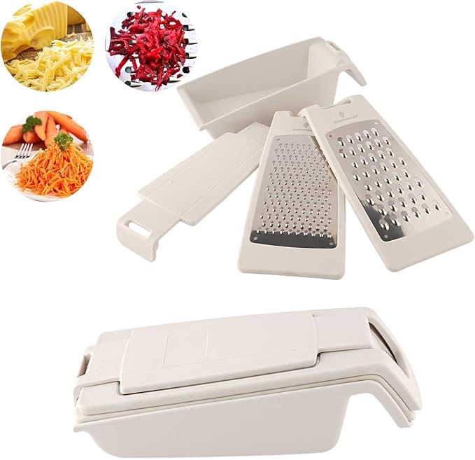 Cheese Grater with Container and Lid, Graters for Kitchen, Garlic Grater, Parmesan Cheese Grater, Vegetable Fruit Multi-Function Stainless Steel Kitchen Utensil Kit (Set of 4) (White)