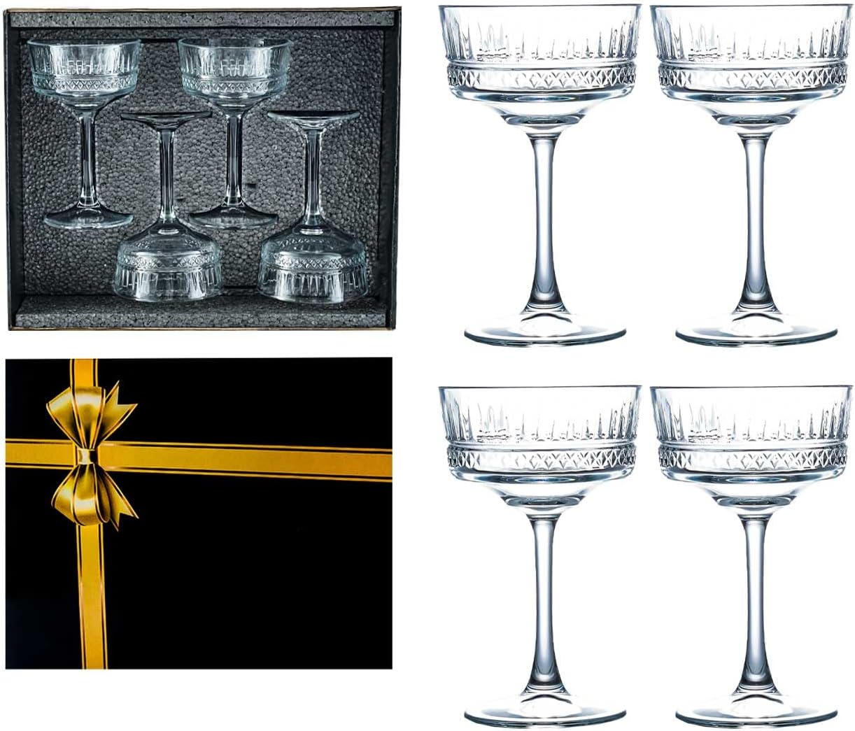 The Buybox Vintage Coupe Glasses Set of 4, Champagne, Cocktail, Martini, Wine Glasses, Long Stem Glassware,With Fancy Wine Gift Box, Wedding Gift Sets (8.8oz/260ml) (4 Pack With Fancy Gift Box)