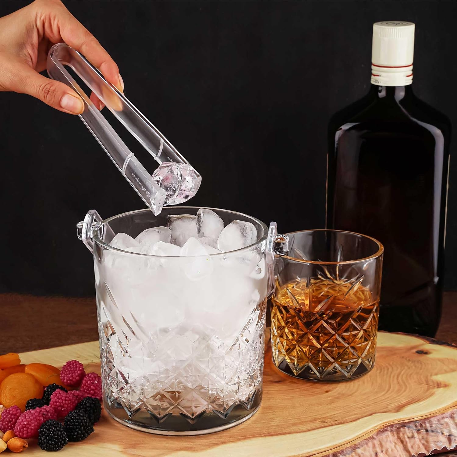 Glass Ice Bucket with Handle and Tongs, Glass Bucket Set, Buckets for Rakı, Whisky, BBQs, Parties, Bars, Clubs (1.1Lt/37oz)