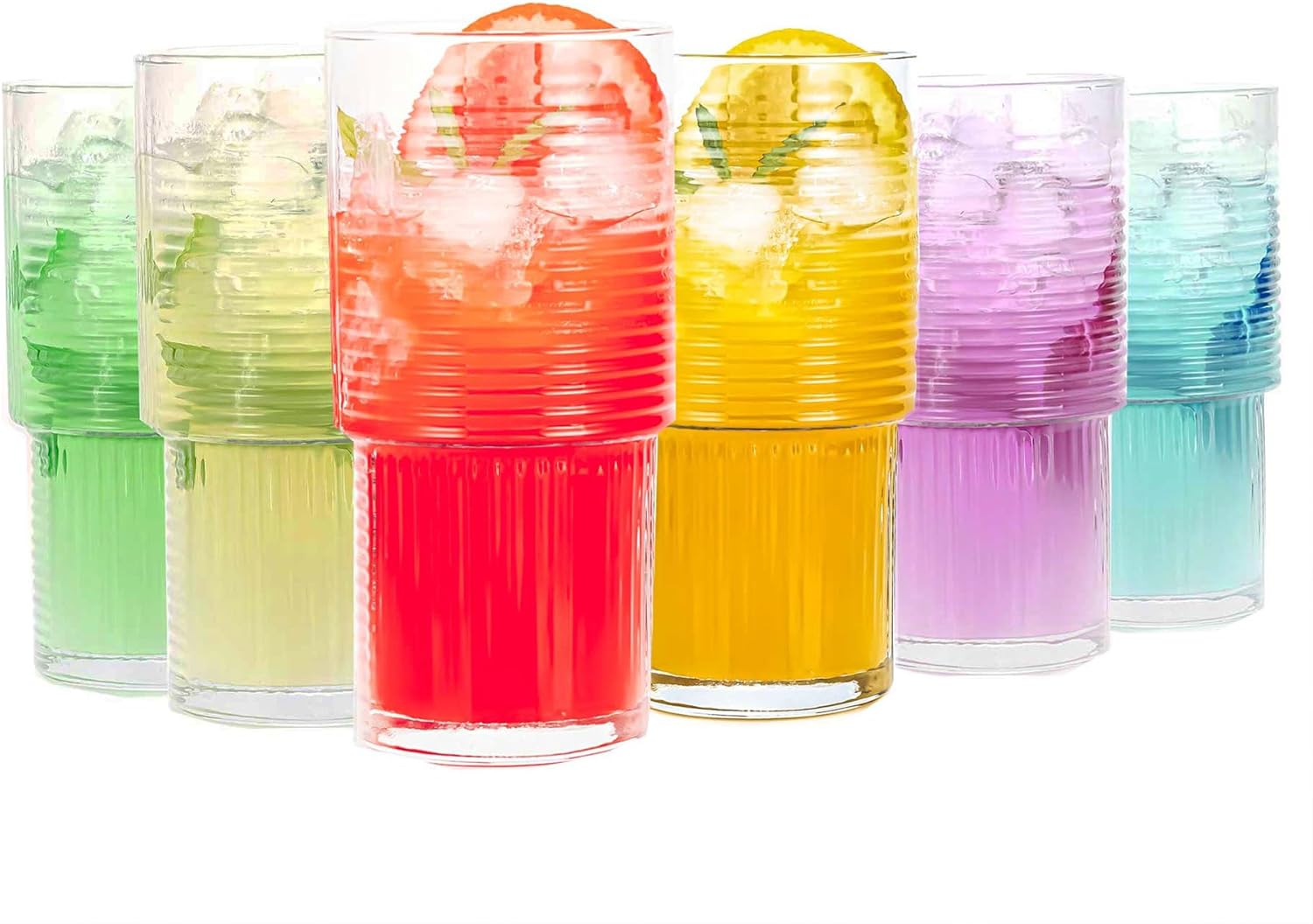 Ribbed Glasses, Highball Glass Cup, 6 Pcs Stackable Drinking Glasses, Cocktail Glass, Vintage Glassware for Cocktail, Juice, Ice Tea, Water, Iced Coffee Set of 6 x 13.5oz (Highball)