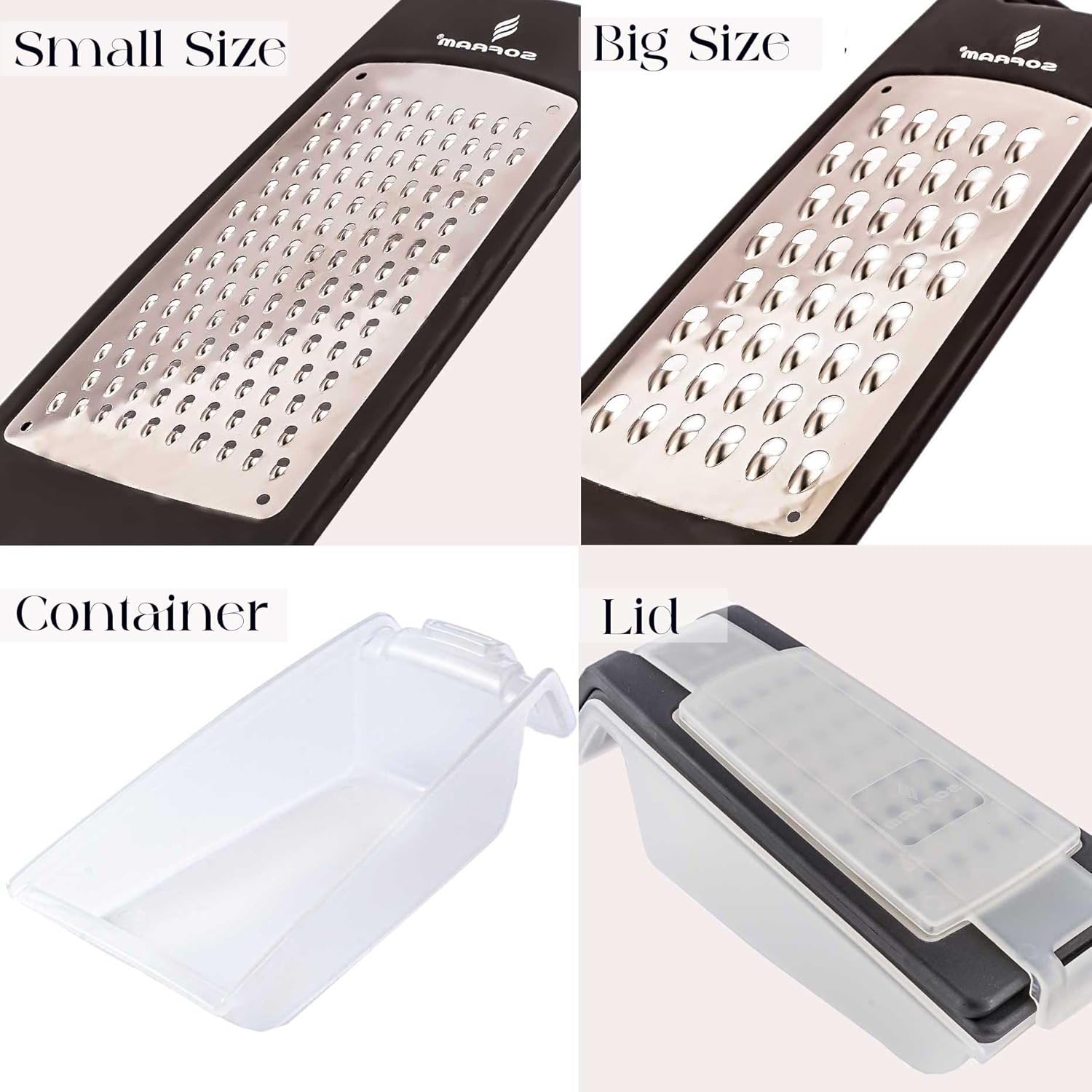 Cheese Grater with Container and Lid, Graters for Kitchen, Garlic Grater, Parmesan Cheese Grater, Vegetable Fruit Multi-Function Stainless Steel Kitchen Utensil Kit (Set of 4) (Black)