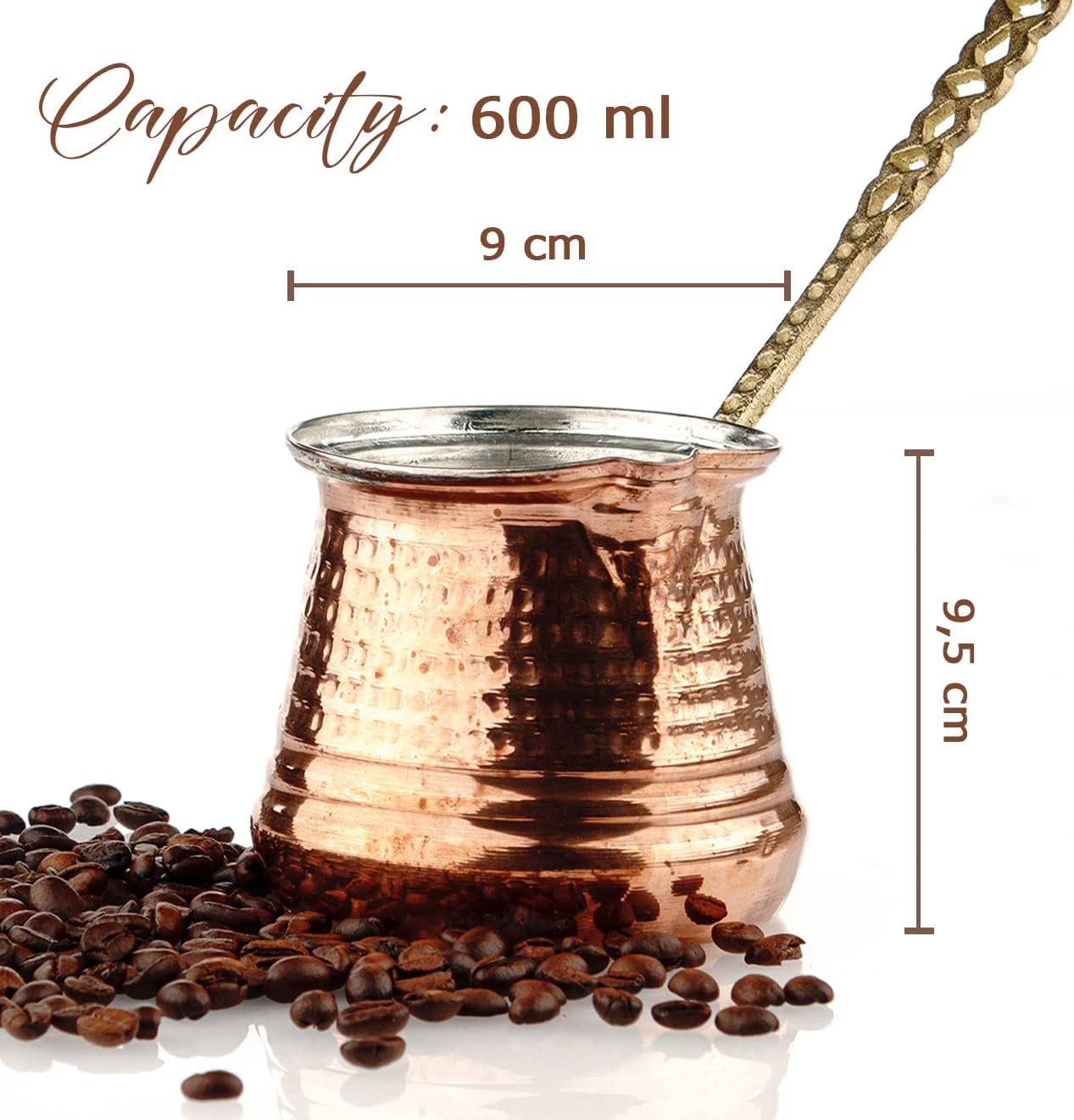 GOSOYO X-Large Turkish Copper Coffee Maker, Greek Arabic Coffee Pot, Stovetop Coffee Maker, Cezve, Ibrik, Briki (20oz/600ml). Coffee Scoop Clip Gift.