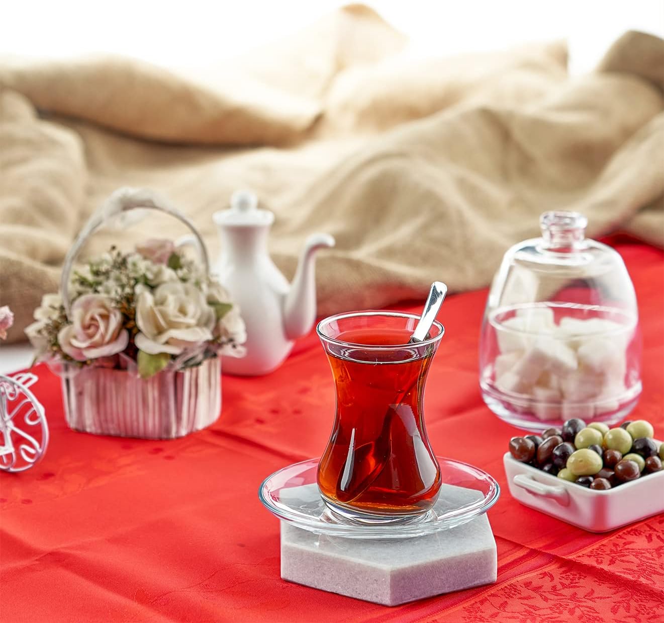 The Buybox 19 Pieces Traditional Turkish Tea Set Includes; 6 Glasses tea cups (4.5 oz), 6 Saucers, 6 Stainless Steel Spoons and Sugar Bowl with Glass Cover (8.6 oz)