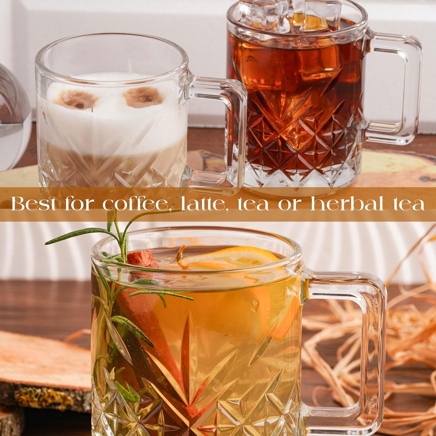 GOSOYO Vintage Glass Coffee Mugs, Tea and Latte Glasses, Coffee Glasses, Cappuccino Cups, Ribbed Glasses, Glass Mugs for Hot Drinks with Handles (2 Pcs (250ml))