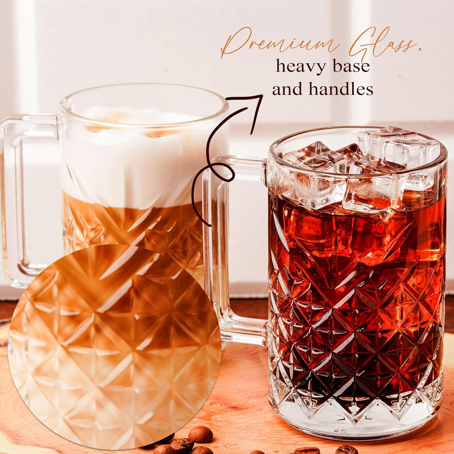 Vintage Glass Coffee Cups, Coffee Latte Glasses, Glass Clear Coffee Mugs with Handles, Tea and Cappuccino Cup Set, Beer Glasses/Stein, Ribbed Glassware (2Pcs (10.6oz))