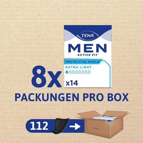 TENA Men Protective Shield Extra Light – aylık pakette 112 adet (8 x 14), tek tek paketlenmiş – erkekler için ekstra ince hijyen tabanlığı çok hafif idrar kaybı olan – siyah